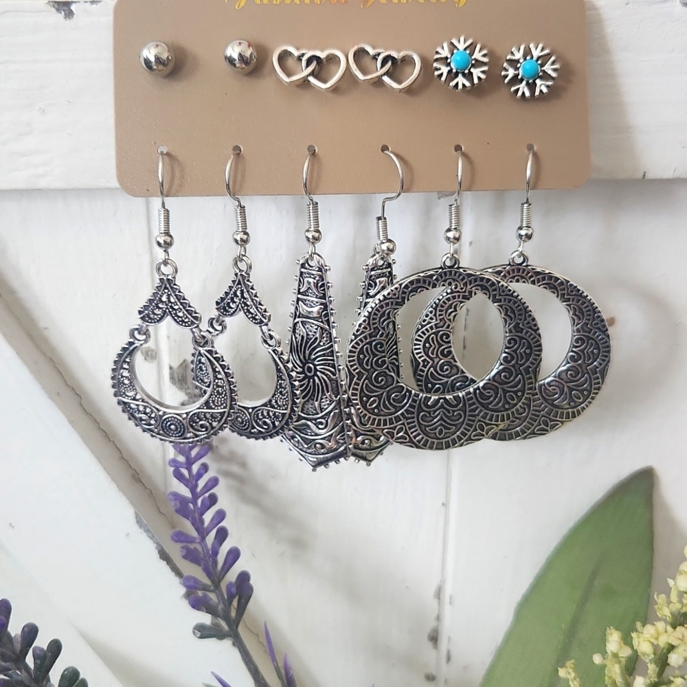 Western Vintage Silver Style Drop Earrings and Studs Earrings 6 Pairs